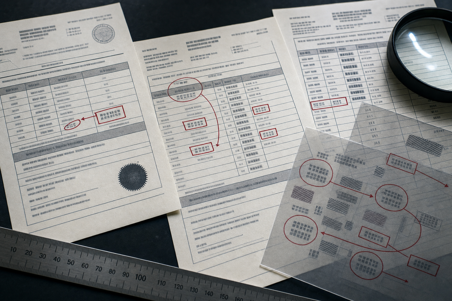 Overlapping certificate-style documents arranged for visual comparison