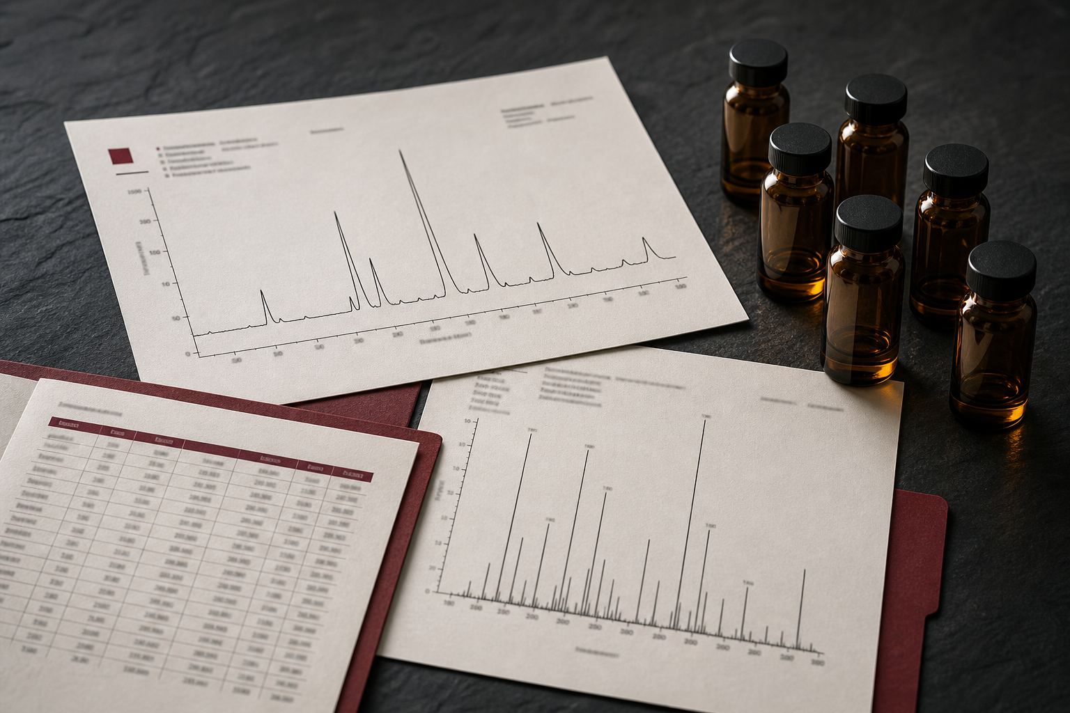 Abstract chromatogram and mass spectrum sheets beside sealed research materials