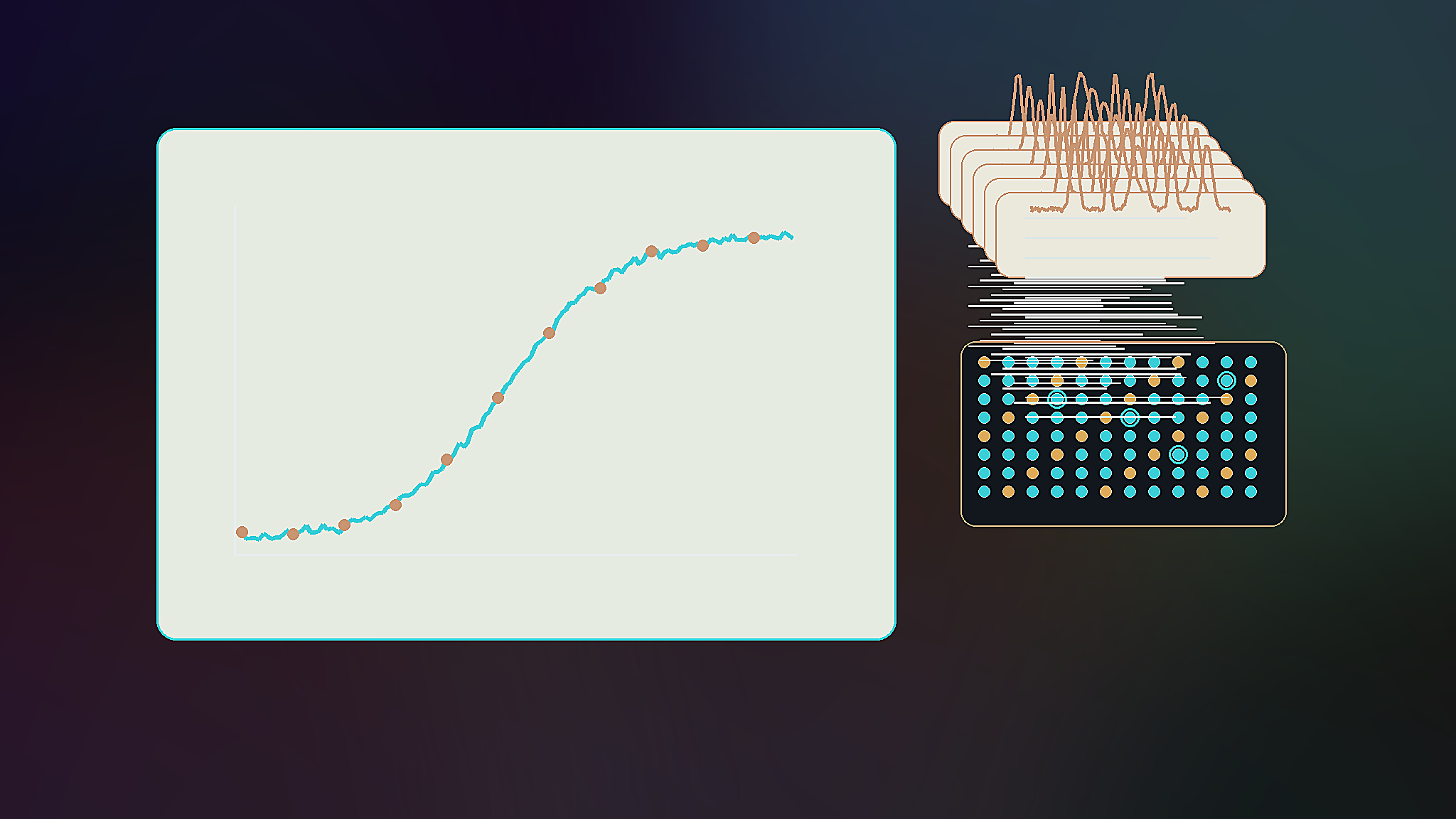 Abstract standard curve chart, assay plate grid, and blurred quality-control notes on a laboratory bench