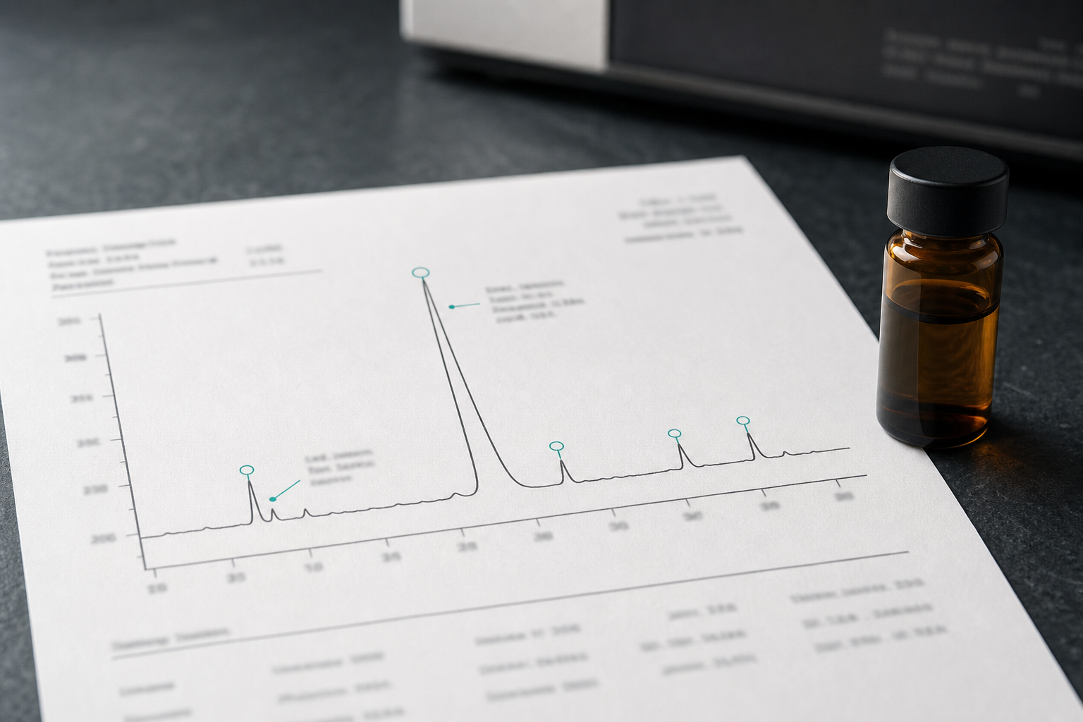 Abstract HPLC chromatogram with a dominant peak and smaller impurity peaks