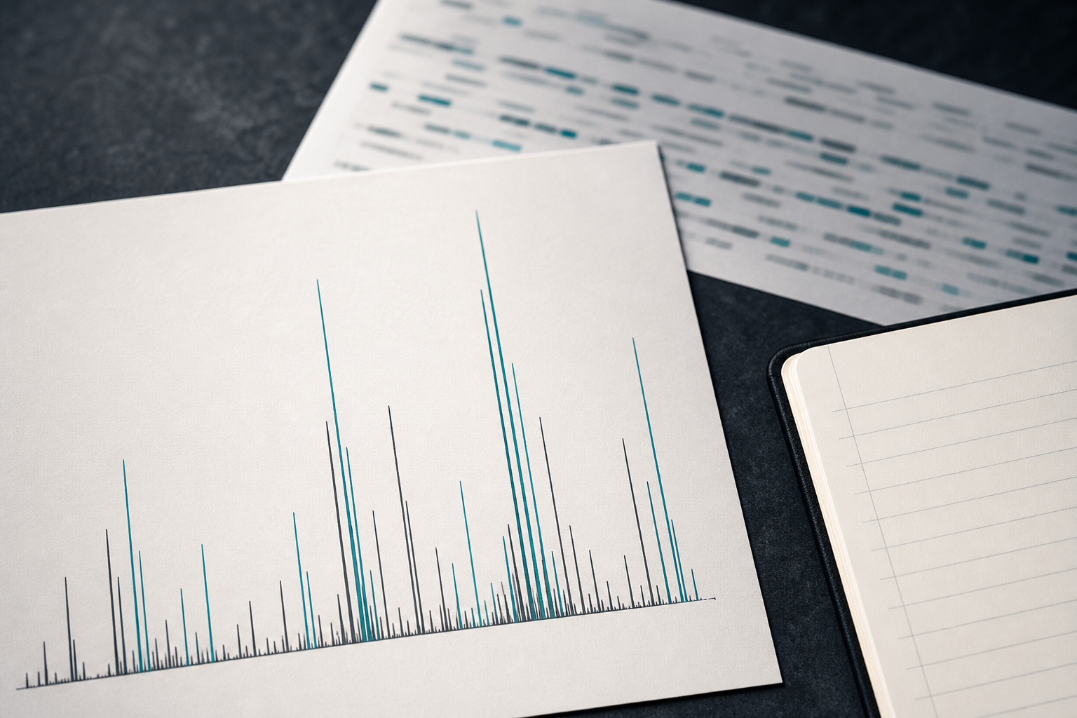 Abstract mass spectrometry chart and blurred peptide sequence reference card