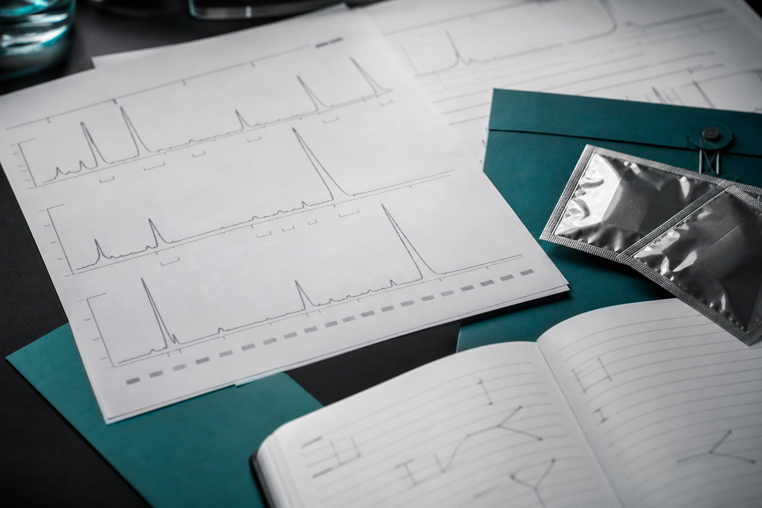 Abstract chromatogram sheets and integration marks on a laboratory documentation desk