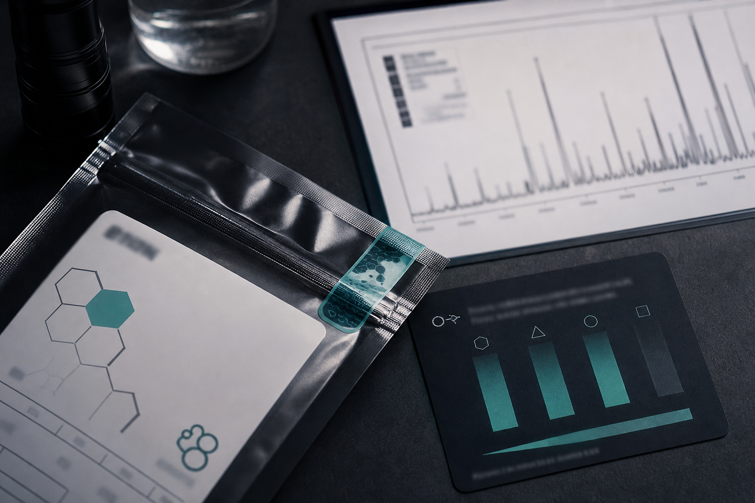 Abstract mass spectrometry trace beside blurred peptide sequence documentation