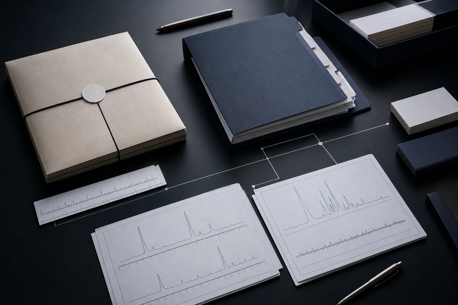 Research documentation workflow with sealed packets, batch labels, and abstract chromatogram pages