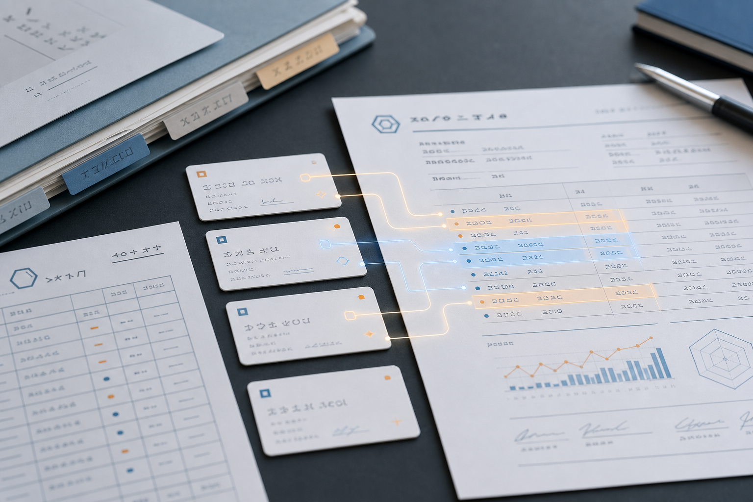 Abstract label cards arranged beside blurred certificate and receiving log records