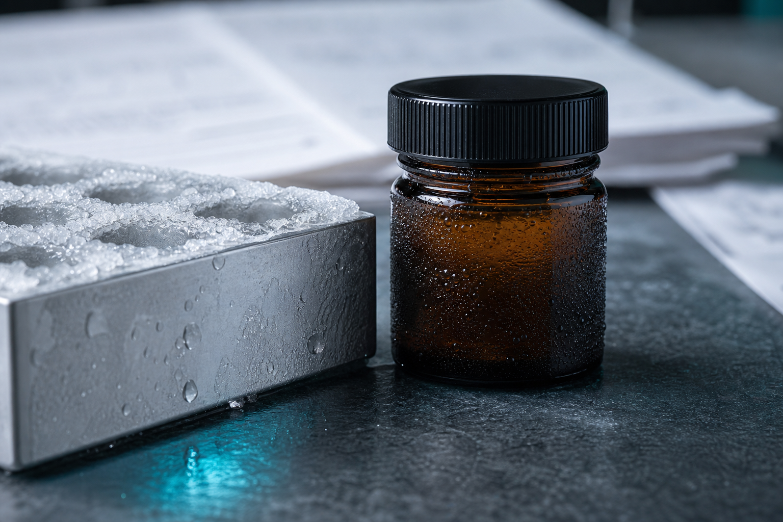 Sealed laboratory sample jar equilibrating near a frosty cold block