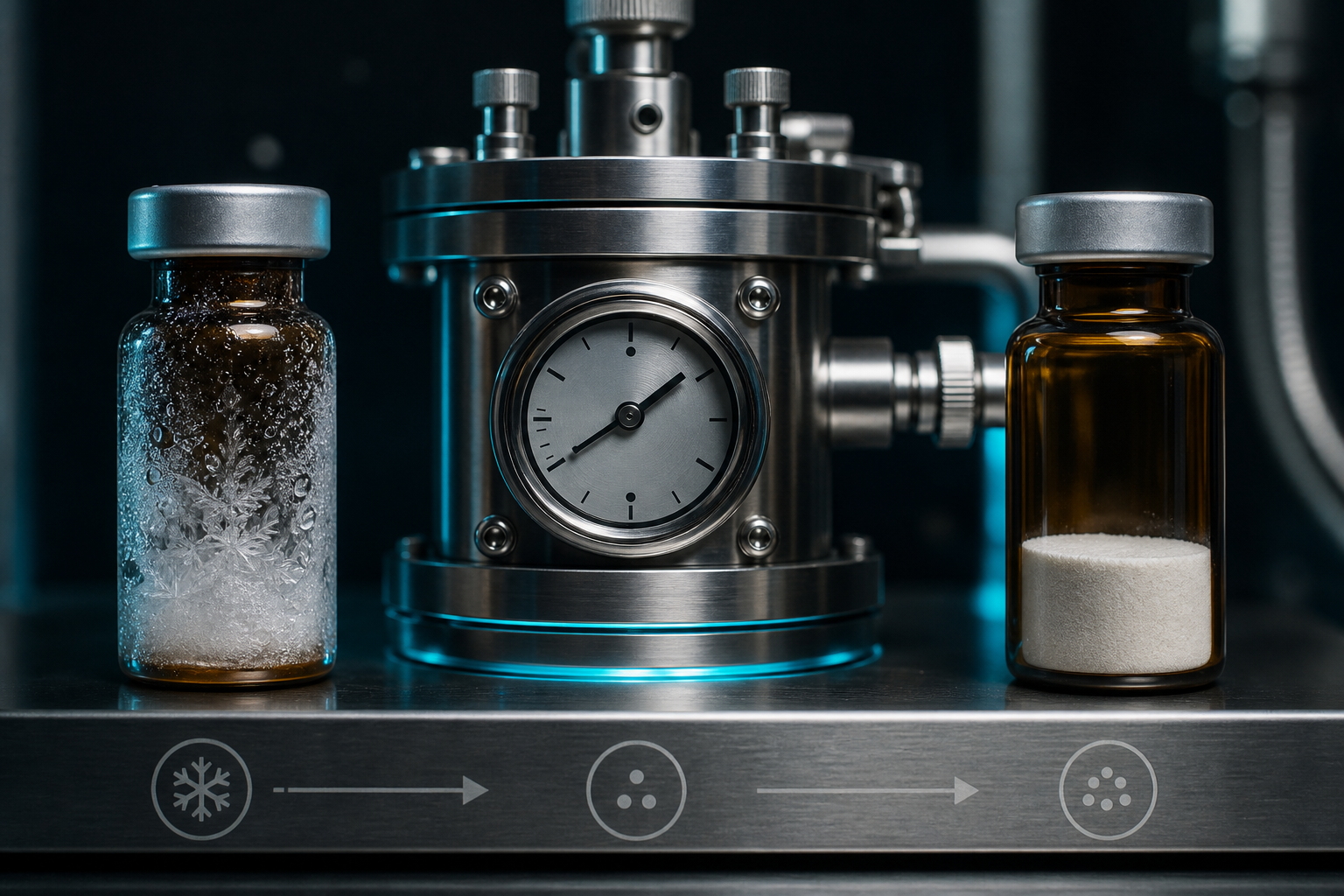 Freeze-drying process represented by frozen sample, vacuum gauge, and dry powder container