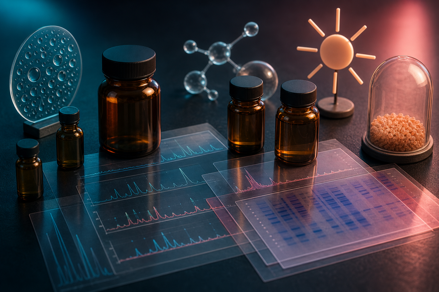 Abstract laboratory bench scene with sealed amber containers, blurred exposure labels, and spectral traces