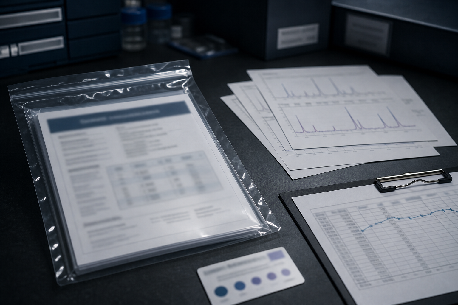 Sealed research documentation packet beside an abstract temperature log and chromatogram sheets