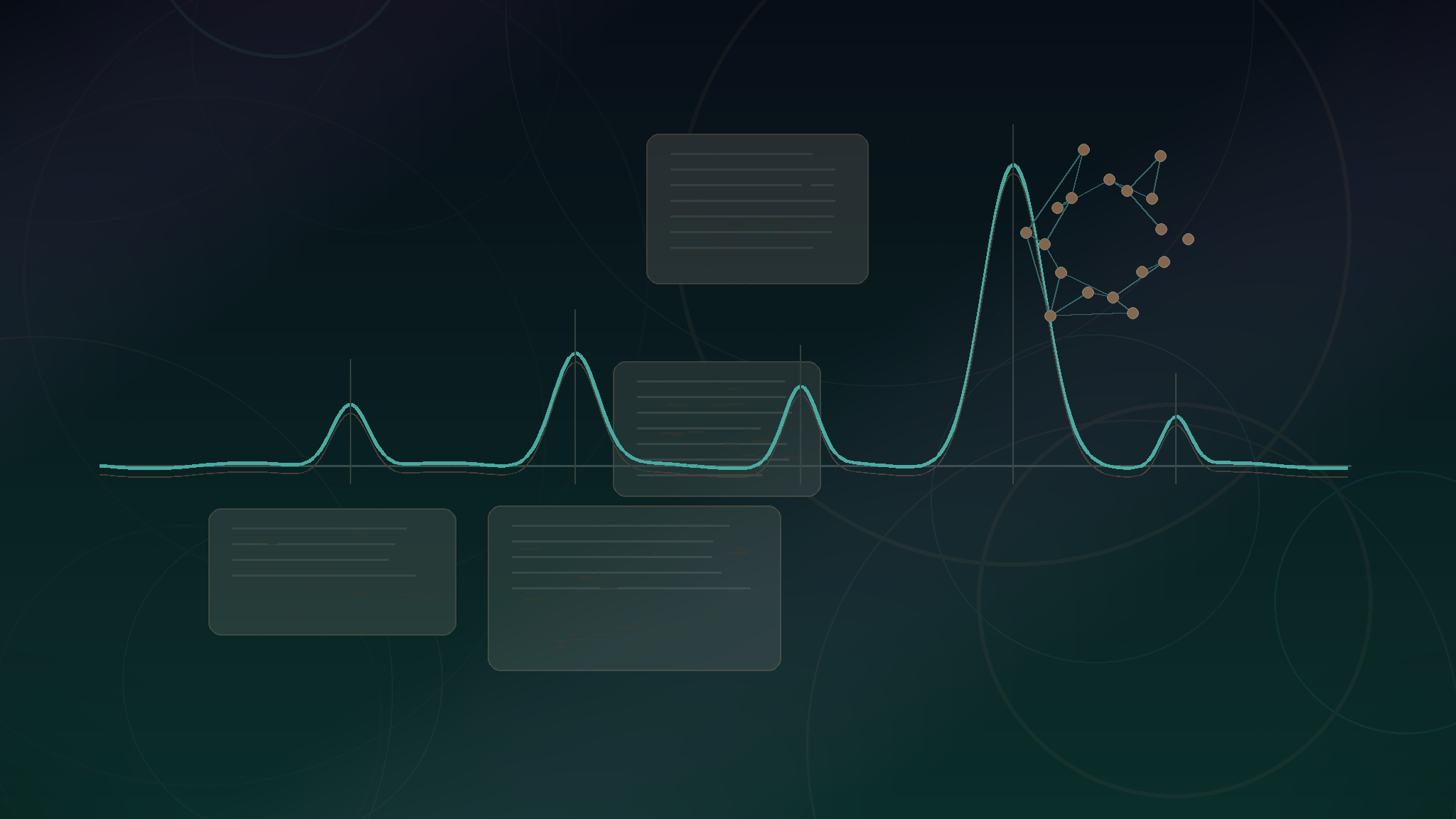 Abstract chromatogram trace on a dark research documentation desk with blurred method notes and no readable claims