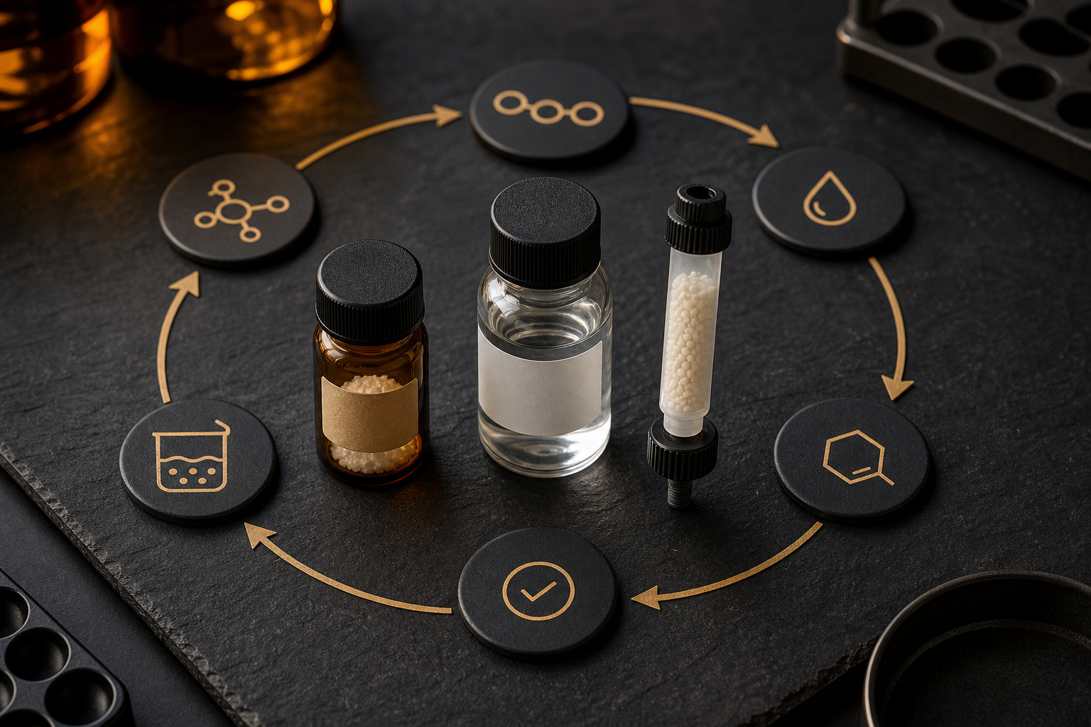 Solid-phase peptide synthesis coupling-cycle materials arranged on a laboratory work mat