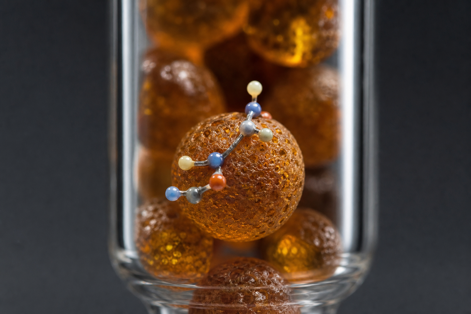 Resin beads inside a transparent synthesis column with an abstract peptide-chain motif