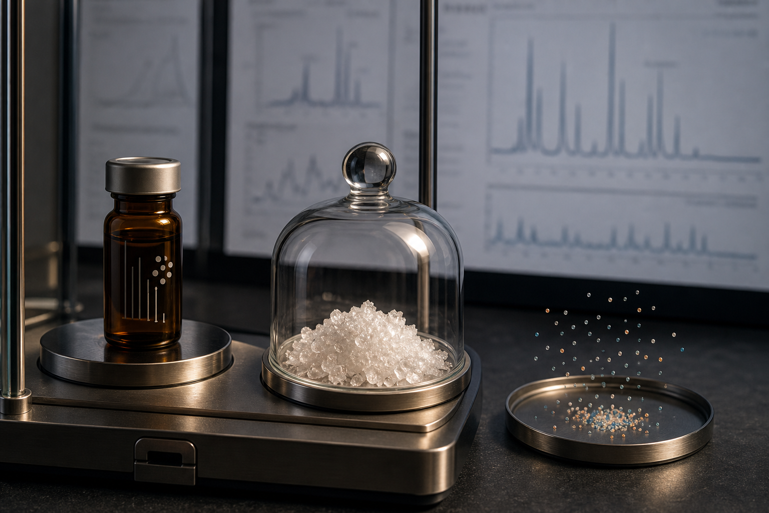 Analytical balance scene with sealed research vial, crystalline powder, and blurred chromatography records