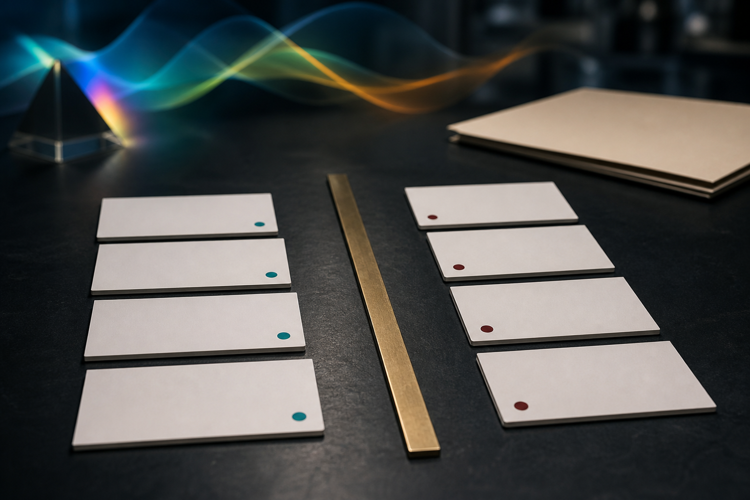Separated abstract documentation cards representing measured and out-of-scope attributes
