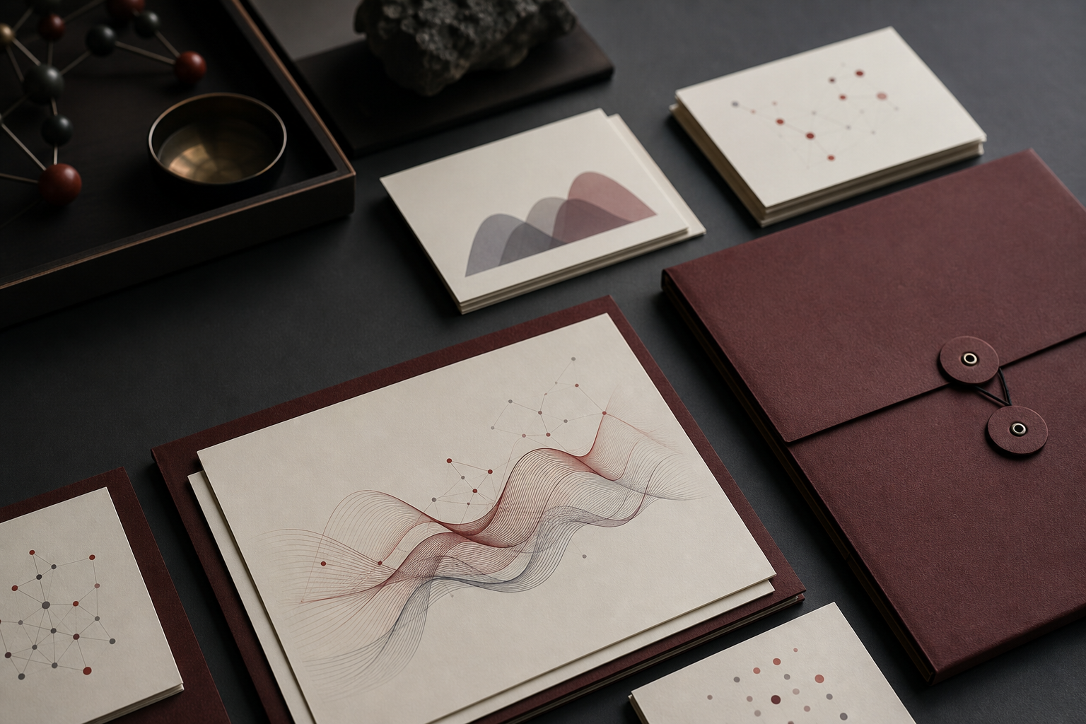 Abstract research documentation cards and analytical pattern sheets arranged by documentation scope