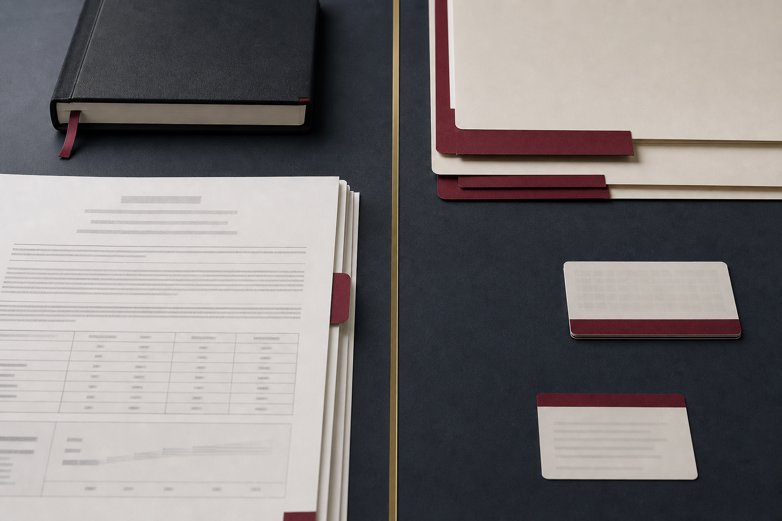 Compliance documents separated by a brass divider on a laboratory desk